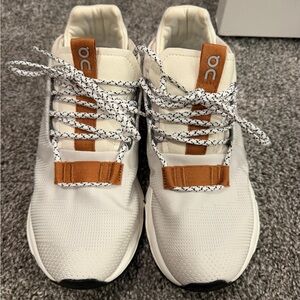 On Cloud Running White Sneakers with Tan Pull Tab